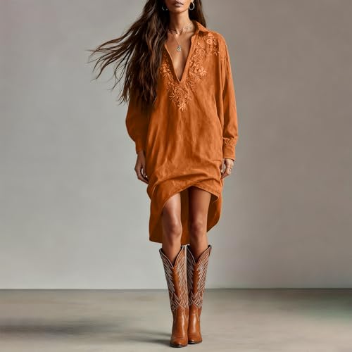 Image of Womens Faux Suede Western Vintage Midi Dress, Long Sleeve Lapel Deep V Neck Fall Winter Velvet Retro Style Dress