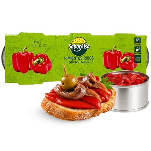 Pimiento rojo asado entero, Pimientos enteros en lata, ingrediente estrella de la dieta mediterránea, Peso Neto por lata 80 gr, Peso escurrido 60 gr, Pack de 3 latas de 80 gr