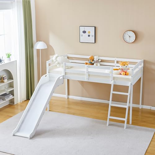 JOYMOR Bunk Bed with Curved Slide, Low Bunk Bed Twin Over Twin with Slide and Angled Ladder, Solid...