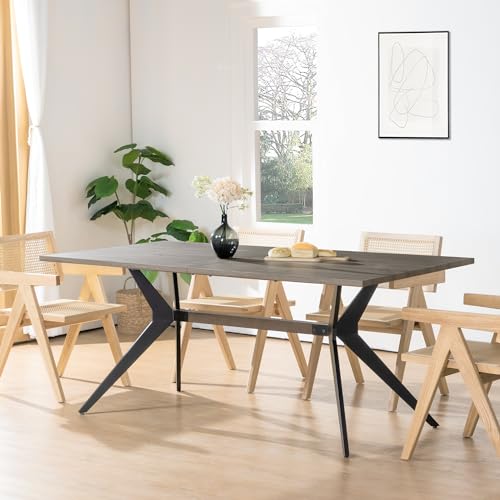 Mid Century Modern Dining Table for 6-8 Person, 71-Inch Rectangular Farmhouse Kitchen Table with Wood Finish Tabletop & X-Metal Base for Family Gathering Cafe Restaurant(Light Brown)