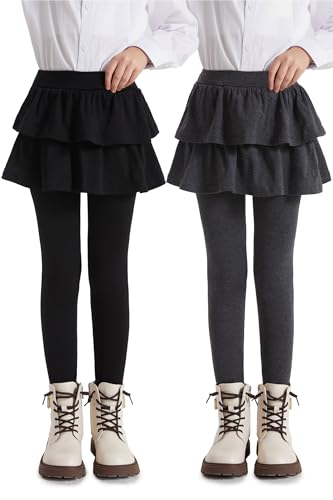 DIPUG 2-Pack Girls 2 in 1 Leggings School Uniform Pants with Double Layer Ruffled Hem Skirt Stylish Legging for Kids 2-8Years