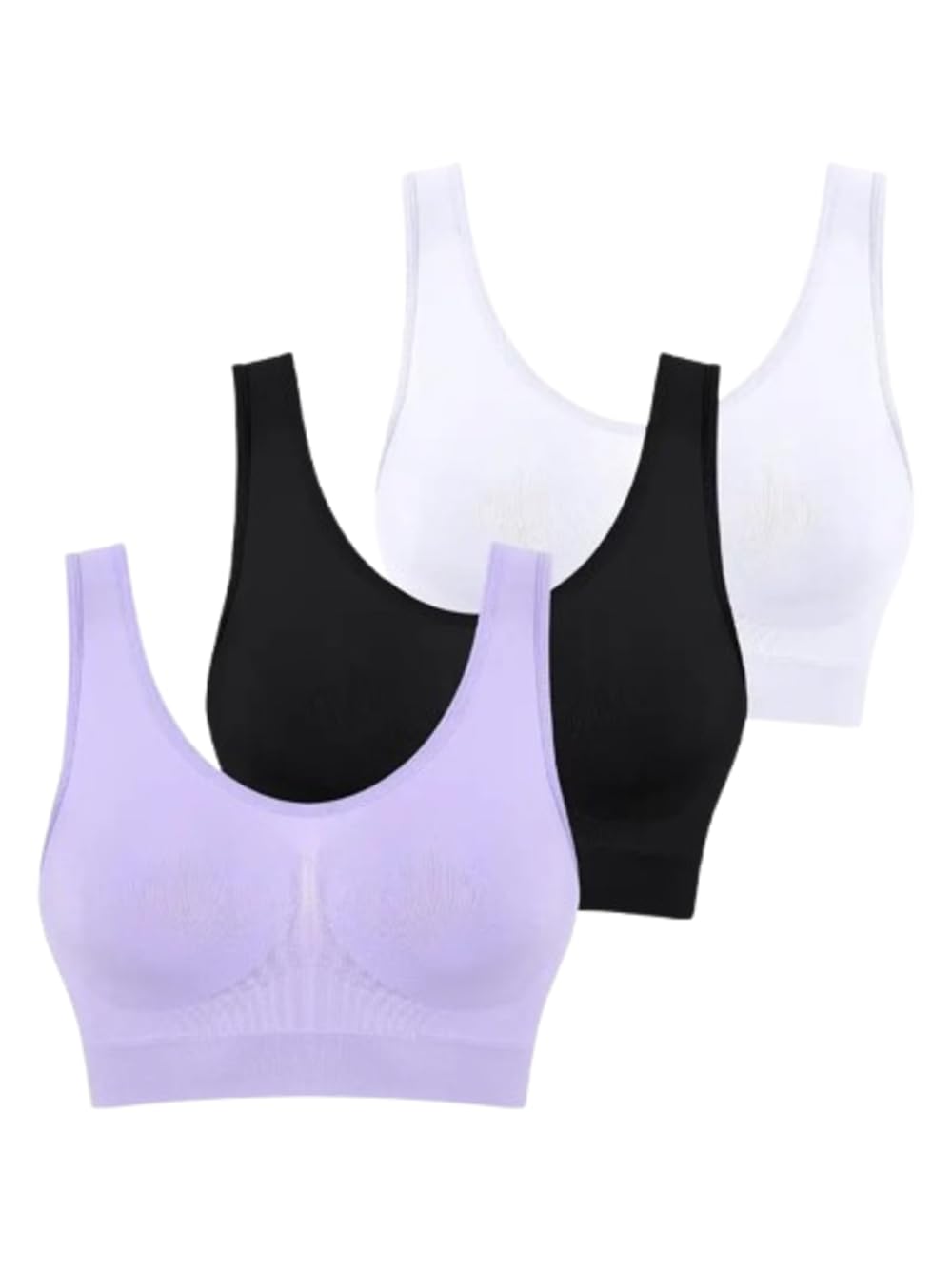 Boolavard 3-teiliges Set Nahtlose BHS für Damen Bügelloser Büstenhalter Crop Top Weiche Sport-Tank-BHS Damen Dessous Weste (DE/NL/SE/PL, Alphanumerisch, XL, Regular, Regular, Flieder Schwarz Weiß)