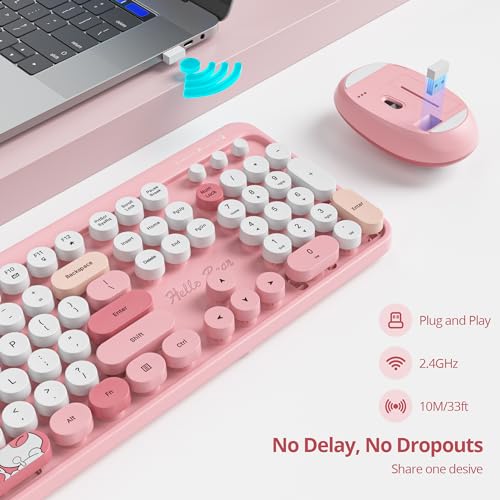 Image of Guffercty kred Gtsp Pink Typewriter Keyboard Wireless Mouse Combo, Cute Keyboard 2.4G Office Full-Sized Retro Keyboard With Round Keycaps For Laptop PC Desktops(Pink)