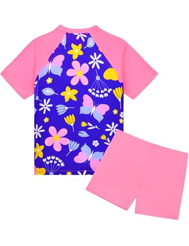 Image of Girls Swimsuit Colorful Short Sleeve Bathing Suits UPF 50+ Rash Guard Set Two Piece Summer Swimwear
