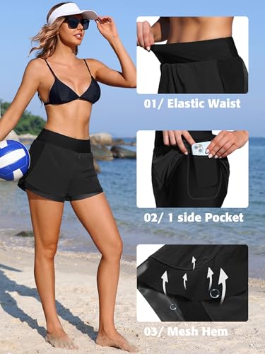 Image of ATTRACO Women's 3 inch High Waisted Swim Board Shorts Pleated Summer Beach Shorts with Pockets