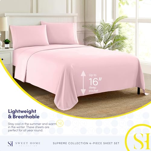 Split King Sheets - Breathable Luxury Sheets with Full Elastic & Secure Corner Straps Built In - 1800 Supreme Collection Extra Soft Deep Pocket Bedding Set, Sheet Set, Split King Size, Pale Pink