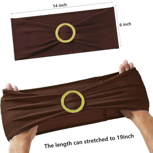 Image of Brown Chair Sashes 50 Pack with Gold Buckle Slider, Spandex Chairs Bands Bows for Wedding Party Birthday Banquet Decor