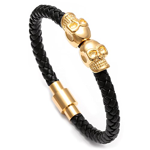 Meangel Braided Leather Bracelet for Men Stainless Steel Twin Skull Bangle Magnetic-Clasp 8.2