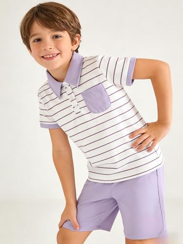Image of Toddler Kid Boy Clothes Textured Striped Polo Collar Top Summer Shorts 2PC Summer Outfit Set