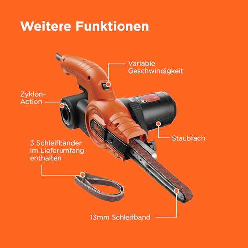 BLACK+DECKER 350W, 13mm Feilenschleifer mit 3 Schleifbändern & Staubsammelsystem, KA900E-QS