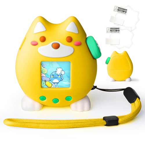 Silicone Case for Tamagotchi Paradise Accessories - 2Pcs Screen Protector with Soft Stand Up Cover Carrying Lanyard and Knob Cover for Tamagotchi Paradise Sleeve Toy (Yellow)
