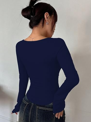 Image of Sugathari Women's Black Solid Long Sleeve Wrap-Style Square Split Crew Neck Bodycon Women T-Shirt Spring and Summer Top, Minimalist and Fashionable for Everyday Casual Wear Tops (T-Shirt 181)