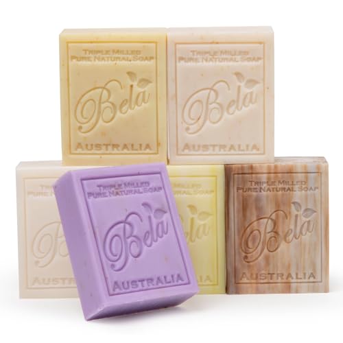 BELA Triple Milled Soap Variety Pack 3.3 OZ Pack of 6 Long Lasting French Triple Milled Bar Soap with Organic Shea Butter Hand Face and Body Wash Bar Made in Australia