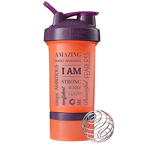 GOMOYO Motivational Quotes on Blender Bottle Brand ProStak Shaker Cup, 22 Ounce Protein Shaker Bottle with BlenderBall Whisk and Two Twist n’ Lock Attachable Containers (I Am - Coral/Plum)