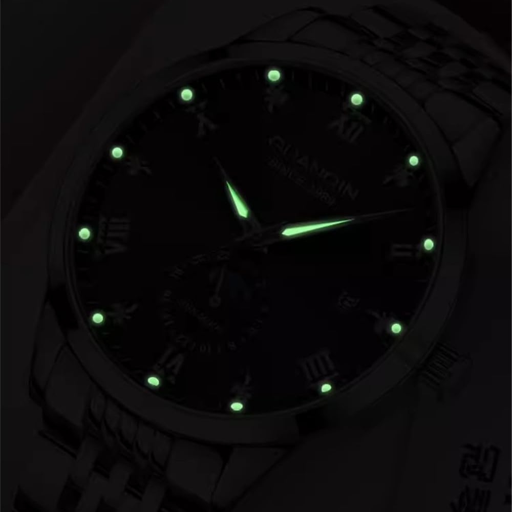 Guanqin Vintage Herren Multifunktions Automatik Selbstaufzug Mechanische Strass Uhr Saphir Business Kalender Leuchtende Mondphase Wasserdichte Uhr Stahl oder Lederband Armbanduhr