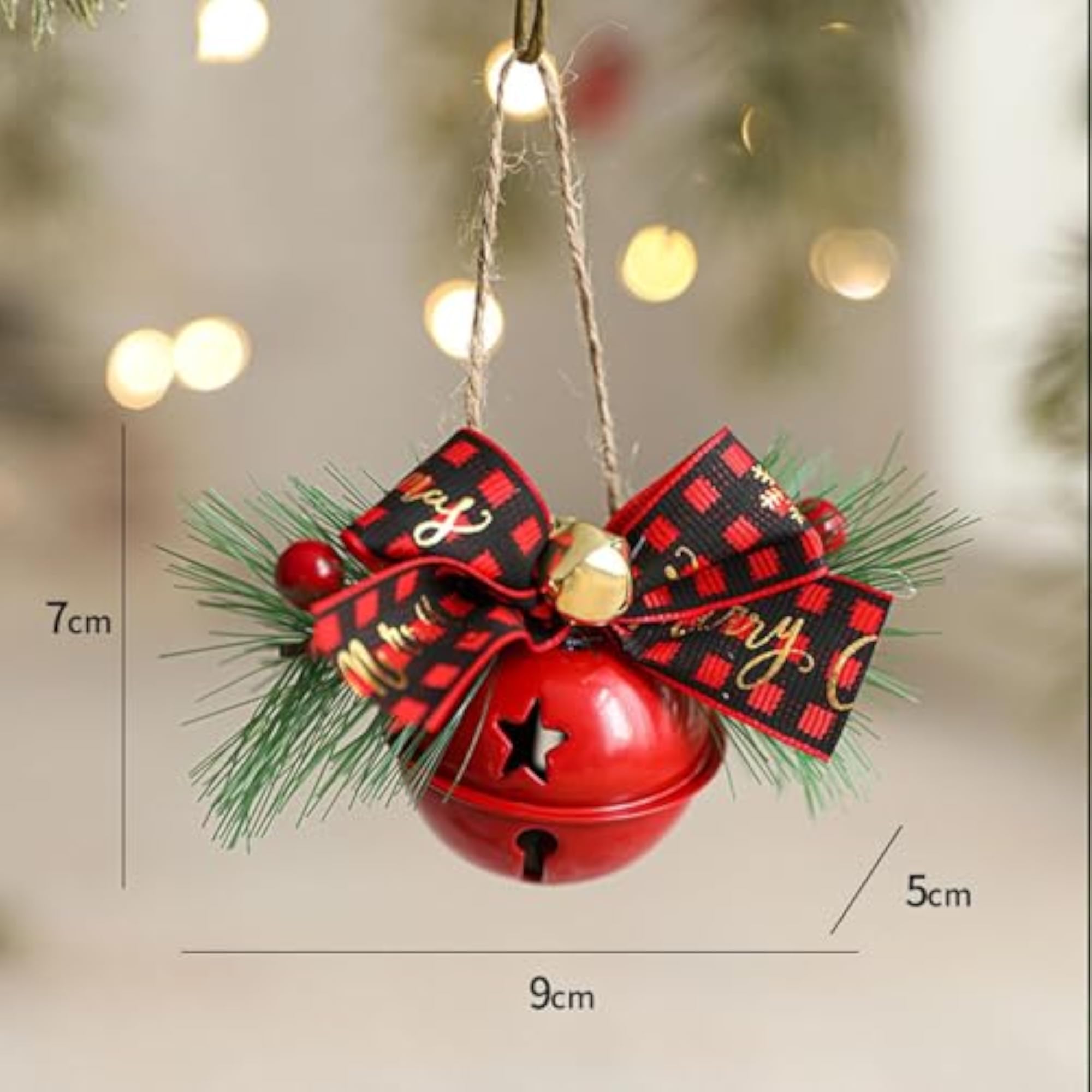 Christmas Bow with Bell Rustic Plaid Pendant for Home Party