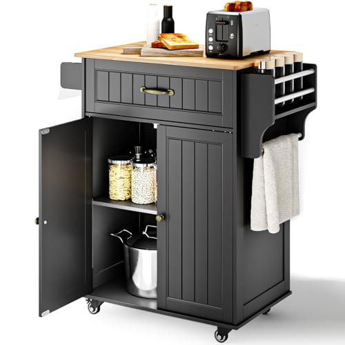 Xbro Kitchen Island with Wheels Farmhouse Kitchen Storage Cabinet Rubber Wood Countertop with Drawer and Adjustable Shelves Portable Serving Cart with Towel & Spice Rack Black
