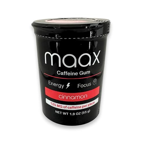 Maax Caffeine Energy Gum | Focus Gum | 125mg of caffeine per piece | Cinnamon | 25 pieces per container