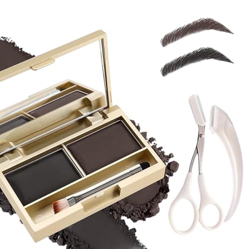 2-in-1 Waterproof Eyebrow Powder Kit with Mirror & Brush – Dual-Color Brow & Eyeshadow Palette, Sweat-Proof & Smudge-Proof, Includes Razor and Scissors – Dark Brown & Black