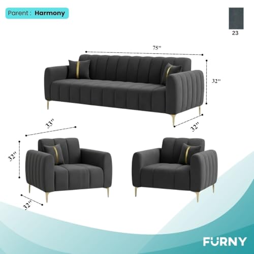 Image of FURNY Harmony 5 Seater Velvet Fabric 3+1+1 Sofa Set (Dark Grey) with Golden Finish Legs | Durable Comfort | Ideal for Living Room