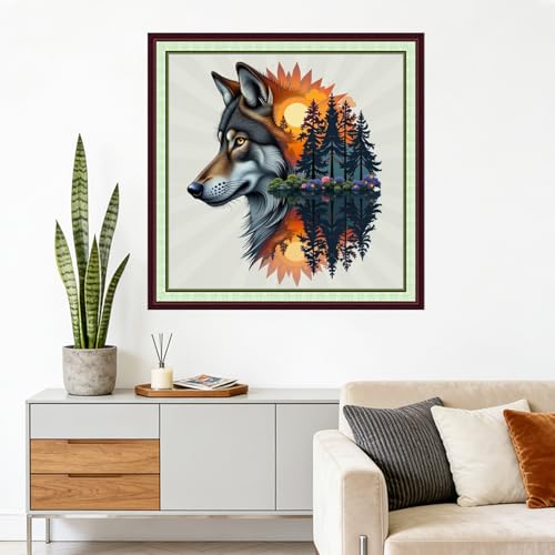 Image of Foxhool Stamped Cross Stitch Kits,11CT Printed Cross Stitch Pattern Full Embroidery Kits for Beginner Needlepoint Kits-Abstract Forest Wolf 18x18 inchs