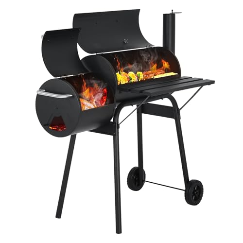 BLKMTY 43" Charcoal Grills Outdoor BBQ Grill with Offset Smoker Camping Portable Grill Camping Barbecue Grills with Side Fire Box for 6-10 People Patio Backyard Picnic BBQ, Black