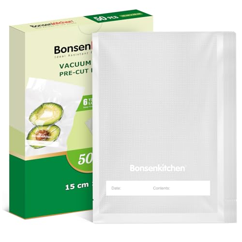 Bonsenkitchen Vakuumierbeutel 15x23cm, 50 Beutel Profi-Folienbeutel für alle Vakuumiergerät, Vakuumbeutel für lebensmittel, Sous Vide Gefrierbeutel, Einschweissbeutel, BPA-frei, VB30