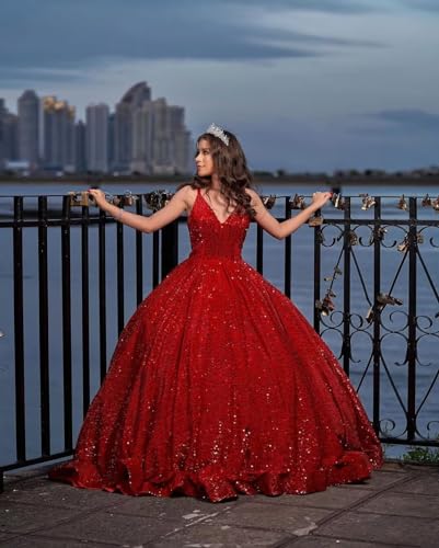 Sparkly Sequin Quincenera Dresses Glitter V Neck Ball Gown Sleeveless Puffy Dress Sweet 16 Dresses for Women3