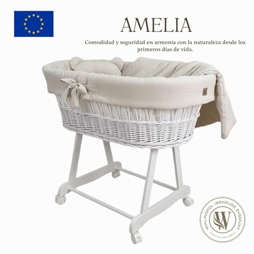 Miniatura 2 de Wiklinopol Moisés Bebé Con Ruedas Y Freno Cesta De Mimbre Natural Con Colchón Y Ropa De Cuna De Algodón 100 Oeko-Tex En Beige Set Completo Para Recién Nacidos Modelo Amelia