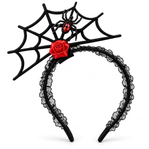 CAVIXO Bandeau d'Halloween, toile d'araignée, rose rouge et strass rouges | Bandeau gothique orné de roses rouges, accessoire cheveux pour soirées et festivals d'Halloween.
