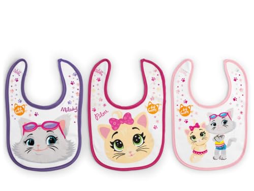 LULABI 44 GATTI GIRL Juego de 3 baberos para bebé, 100% hechos de algodón suave con estampado de 44 gatos, paquete de baberos, velcro, hipoalergénicos, reutilizables, unisex, 19 x 17 cm, Multicolor