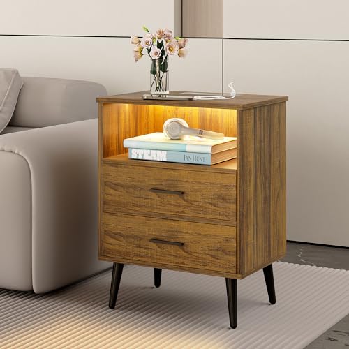 LVSOMT Mesita de noche LED con estación de carga, mesita de noche inteligente con luces, mesita de noche moderna con 2 cajones, mesita de noche de madera con carga inalámbrica, mesa auxiliar de cama