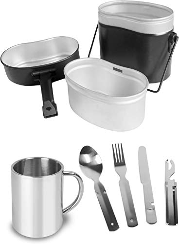 Bundeswehr Essgeschirrset Bund Essbesteck + BW Aluminium Kochgeschirr + Edelstahltasse Farbe Black