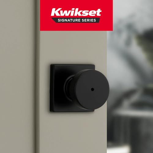 Image of Kwikset Pismo Interior Square Privacy Door Knob with Lock, Door Handle for Bathroom and Bedroom, Matte Black Keyless Push Button Lock Doorknob