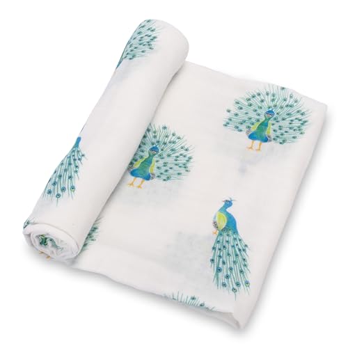 Image of LollyBanks Baby Muslin Swaddle Blanket, Soft Baby Girl 47 x 47 Inches, Newborn Blanket for Girls, Registry (Peacock Print, Animal)