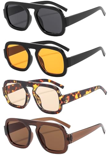 4 Pieces Trendy Square Aviator Sunglasses for Women Men Flat Top Frame Retro 70s Square Sun Glasses Vintage Shades