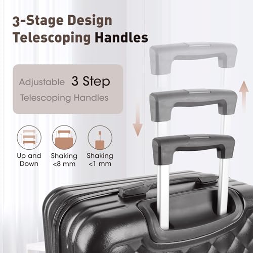 Alivio 4 Piece Luggage Set, Lightweight Hard Shell ABS Suitcase, 3-Stage Adjustable Telescopic Handle Trolley 14, 20, 24, 28in (Black) - Image 5