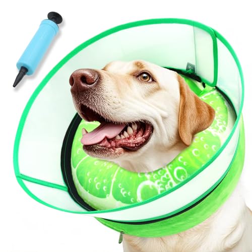 AThooDel Upgraded Inflatable Dog Cone Collar with Transparent Anti-Licking Shield, Adjustable Elizabethan Collar for Medium Large Dogs, 2-in-1 Design with Detachable Shield and Soft Padding (L, Lime)
