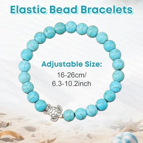 Fakcrkun Regalos de tortuga para mujer, pulsera de tortuga turquesa natural, pulseras de cristal curativo con tarjeta de mensaje, pulseras de cuentas elásticas, regalos de viaje para mujeres