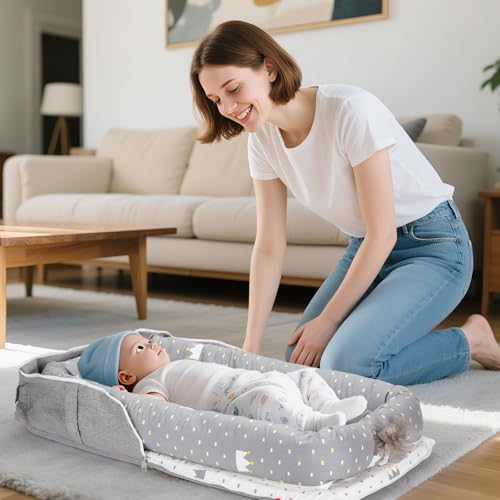 Image of Baby Lounger for Newborn-Portable Baby Lounger 0-24 Months for Home and Travel,Newborn Loungers with Strap, Baby Nest Lounger Adjustable Size,Crown Grey