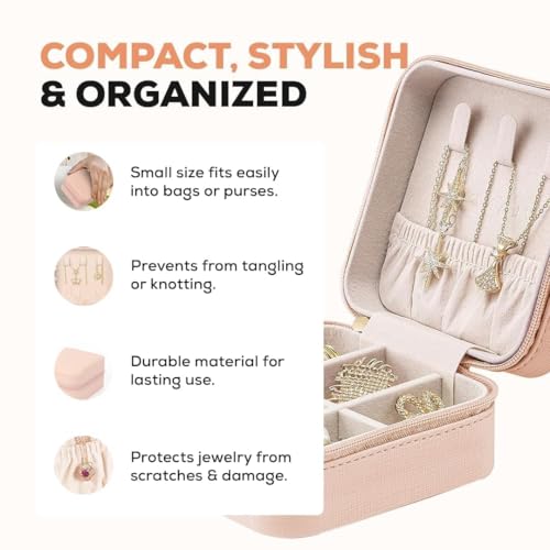 Image of Mini Jewellery Travel Case, PU Leather Organizer Box, Small Portable Jewellery Storage Holder for Womens Rings Earrings Necklaces (Peach-PU Leather Box) (Peach)