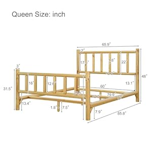 Farmhouse Log Platform Frame with Headboard and Footboard Rustic Style Pure Solid Pine Cylinder Construction Bed Frame Fits Mattresses and Box Springs Queen Size Natural