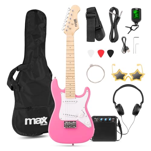 Max GigKit Junior Electric Guitar Starter Pack, Pink 1/4 Size – Complete Beginner Set for Kids 4-8, 10W Amp, Soft Case, Tuner, Picks, Strings & Star Sunglasses