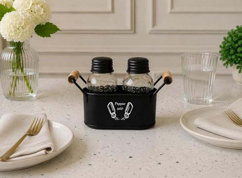 Image of JISCOVERY Salt and Pepper Dispenser Set for Dinning Table with Stand| Glass Bottom Spice Shaker Set with Metal Holder| Spice Sprinklers| 100 ML Each (Black)