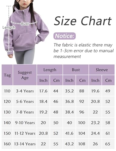 SEAUR Moletom infantil com meio zíper e manga comprida e gola alta com bolsos, Roxa, 3-4 Anos