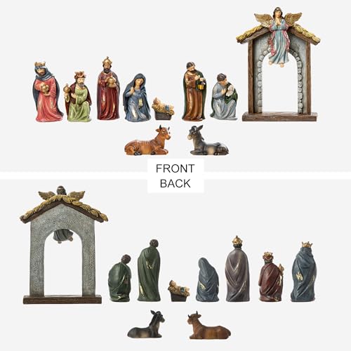 Image of Glitzhome Christmas Nativity Set Indoor 8 inch Resin Nativity Figurines Set 11 Pcs Removable Angel Statue Multi-Colored Nativity Sets & Figures Christian Holy Family Figure with Baby Jesus