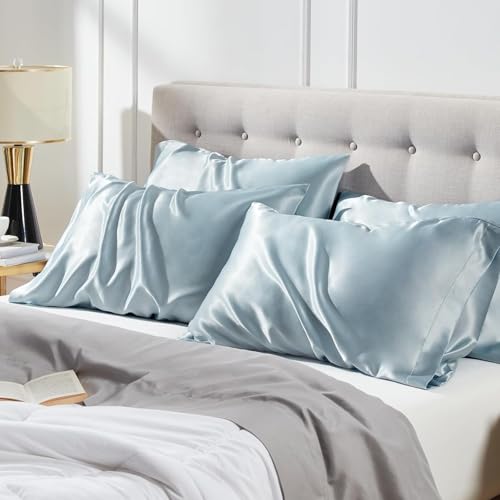 Image of Satin Pillow Covers Set of 2 - Soft & Smooth Pillowcases for Hair & Skin Care | Envelope Closure | Includes 3 Free Random Color Scrunchies | Frizz-Free Sleep Essentials (Sky Blue)