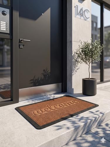 Image of Heavy Duty Front Door Mat 2x3 Feet, Outdoor Indoor Welcome Mat, Non Slip Dirt Trapper Entrance Rug for Entryway, Patio & Porch,Washable Low Profile Welcome Mat (Brown Welcome 2 x 3 Feet)