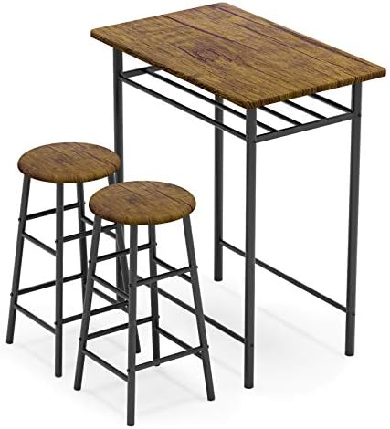 Weehom 3 Pieces Bar Table Set, Modern Pub Table and Chairs Dining Set, Kitchen Counter Height Dining Table Set with 2 Bar Stools, Built in Storage Layer, Easy Assemble, Brown