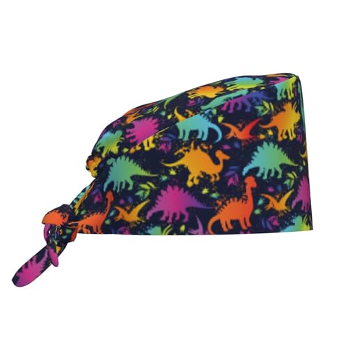 Kuilepa Colorful Dinosaur Print Working Caps With Sweatband Adjustable Working Hats Elastic Scrub Hats Nurse Scrub Cap